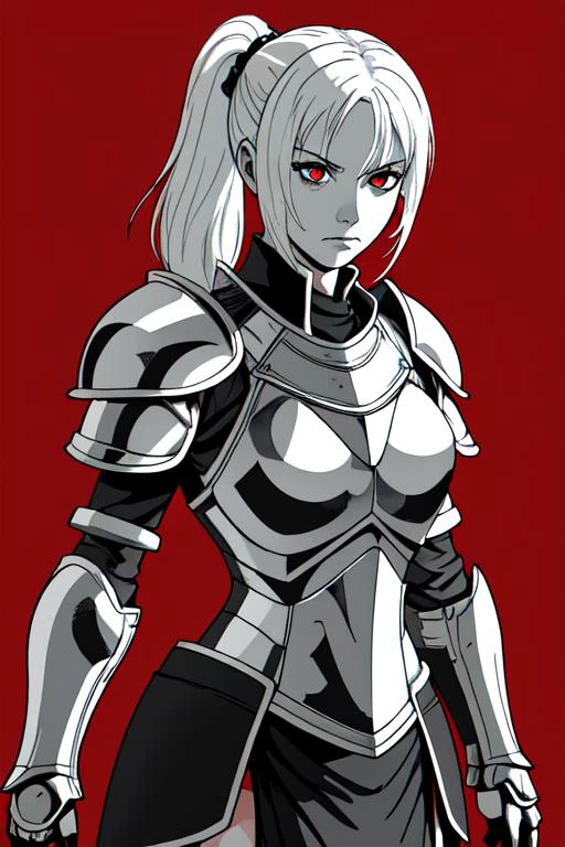 (masterpiece), best quality, solo, 1girl, (red background:1.1), redeyes, white hair, large breasts, armor, knight, plate armor, looking at viewer, sad, spot color, monochorome, greyscale with colored background, greyscale, side ponytail,
<lora:yotsumi_shiro_60_v2:0.3>