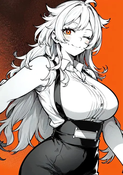 (masterpiece), best quality, lines, 1girl, orange background, orange eyes, white hair, large breasts, white shirt, office lady, open collar,  wink, one eye closed, looking at viewer, smile, spot color, monochorome, greyscale with colored background, greyscale, <lora:yotsumi_shiro:0.6>