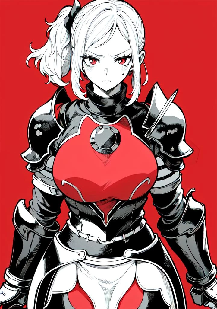 (masterpiece), best quality, solo, 1girl, red background, redeyes, white hair, large breasts, armor, knight, plate armor, looking at viewer, sad, spot color, monochorome, greyscale with colored background, greyscale, side ponytail, <lora:yotsumi_shiro:0.7>