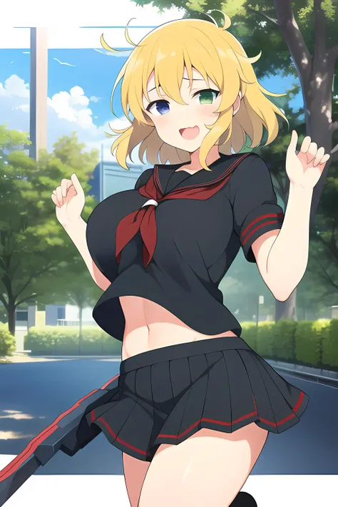 ryounasenran, 1girl, solo, breasts, looking at viewer, smile, short hair, open mouth, blue eyes, skirt, blonde hair, large breasts, holding, school uniform, green eyes, weapon, shoes, serafuku, socks, midriff, tree, heterochromia, black serafuku <lora:RyounaSenran_v1:.8>, hi res, HD, anime, sharp, extremely coloured,