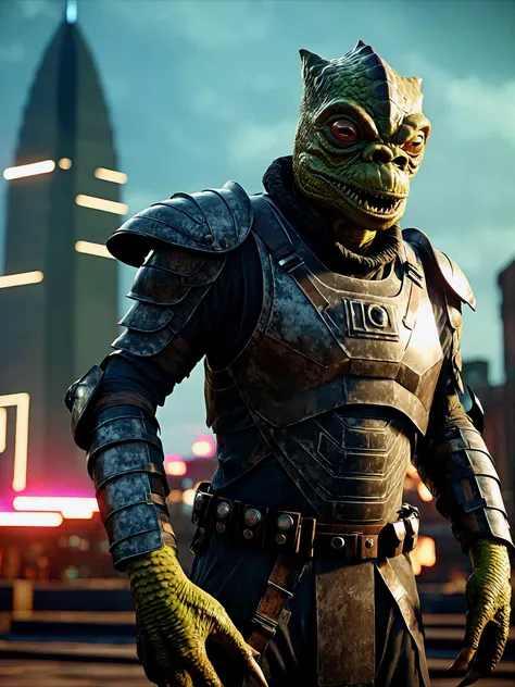 full body,trandoshan alien in armor,roof of a city,professional photograph,detailed, sharp focus, dramatic, award winning, cinematic lighting, octane render, unreal engine, volumetrics dtx, (film grain, bokeh, blurry foreground, blurry background),<lora:trandoshanV2:0.8>