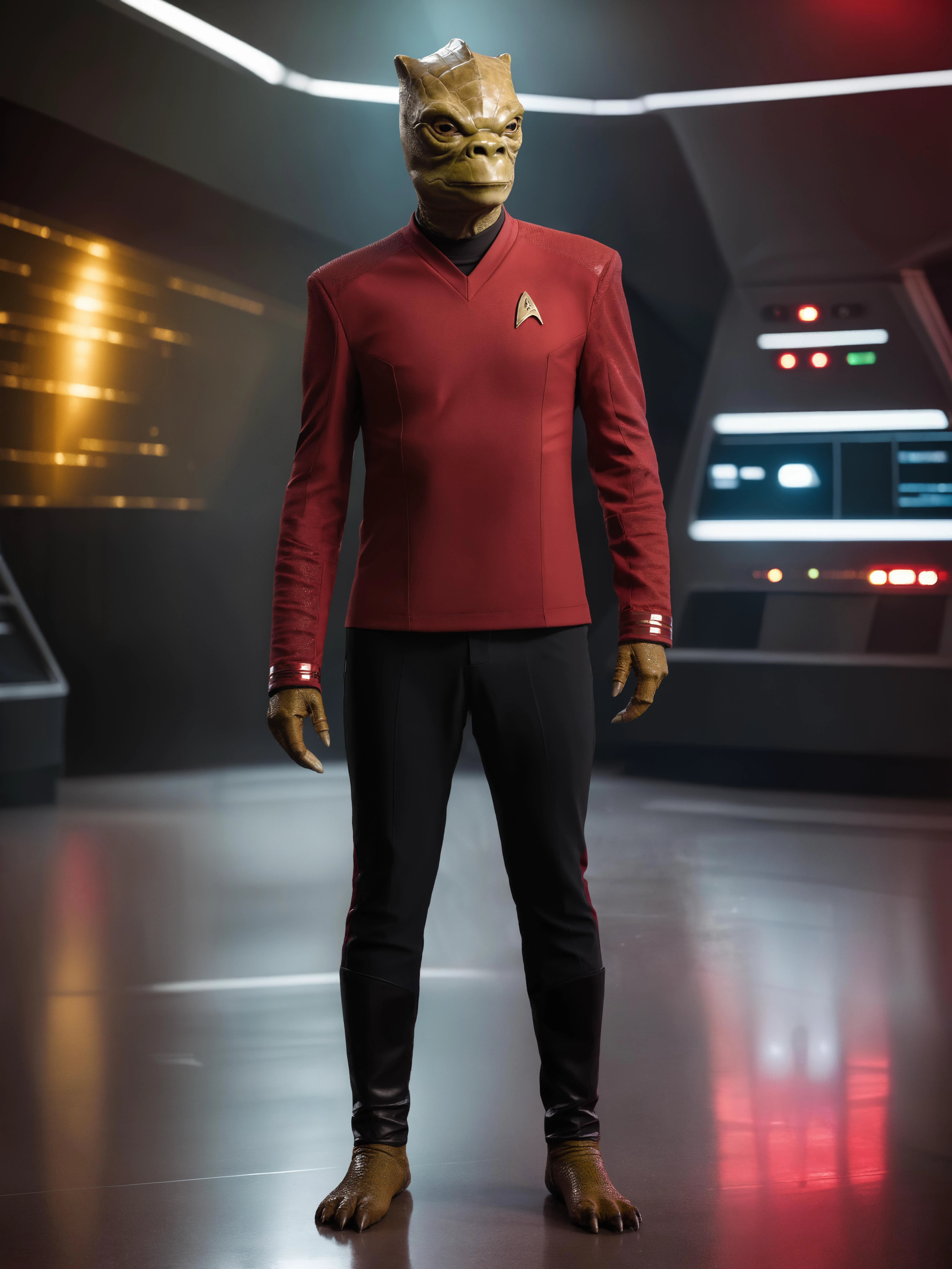 trandoshan alien in swearing red stsnwunf uniform with black pants,professional photograph,detailed, sharp focus, dramatic, award winning, cinematic lighting, octane render, unreal engine, volumetrics dtx, (film grain, bokeh, blurry foreground, blurry background)<lora:SNWXLV2:0.8> <lora:sithXL:0.8>