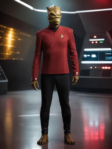 trandoshan alien in swearing red stsnwunf uniform with black pants,professional photograph,detailed, sharp focus, dramatic, award winning, cinematic lighting, octane render, unreal engine, volumetrics dtx, (film grain, bokeh, blurry foreground, blurry background)<lora:SNWXLV2:0.8> <lora:sithXL:0.8>