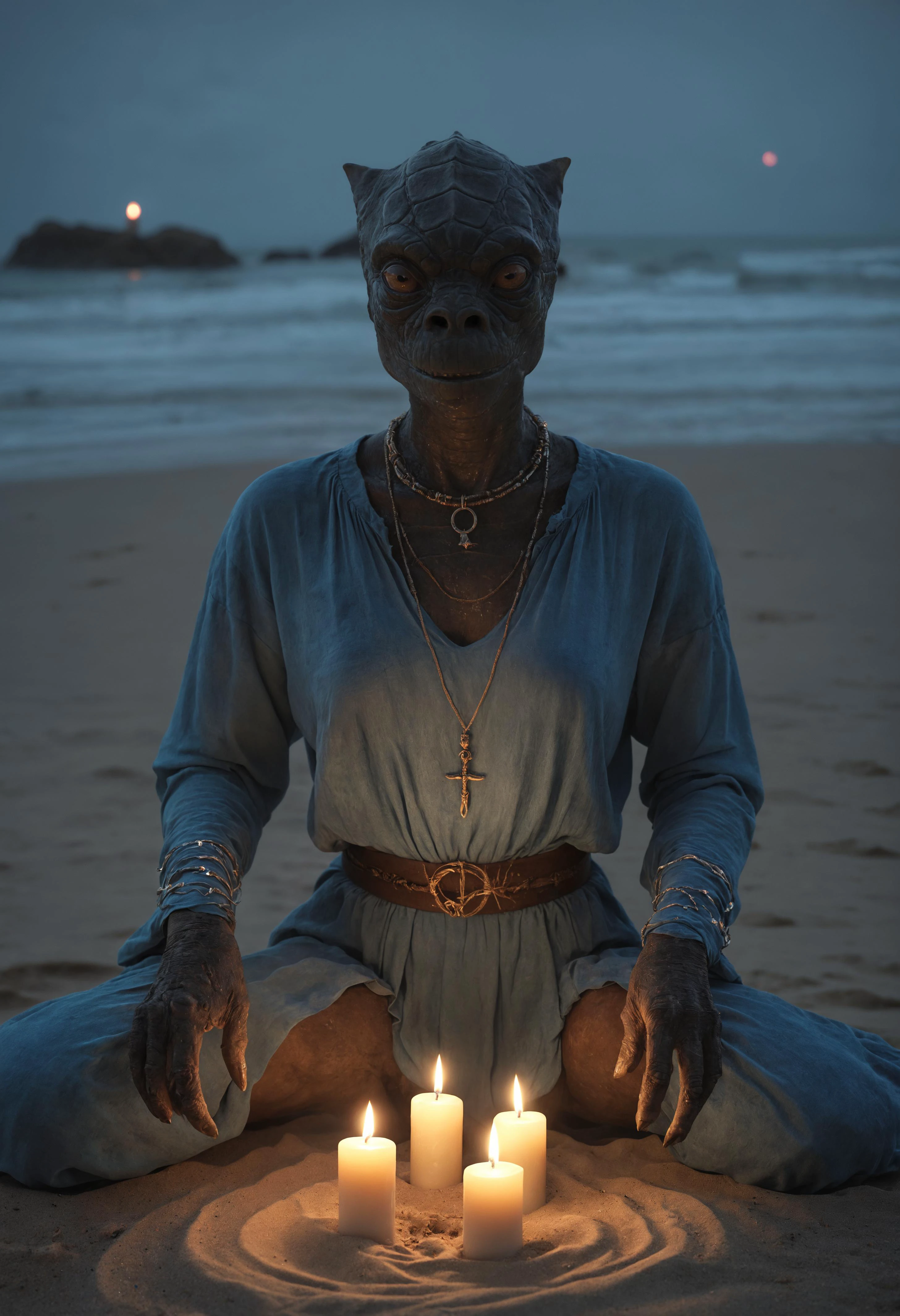 Masterpiece, a trandoshan alien woman, physical rendering photo of a trandoshan alien, wearing baggy blue blouse,ritual circle in the sand,candles,glowing ritual,eerie, light on body and face, slender body,on a beach, scifi atmosphere, cinematic lighting, bright,pose, , CRU photo, 8k uhd
<lora:trandoshanV2:0.8>