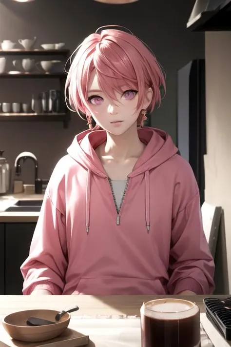 photorealistic, (4k), depth of field, (Masterpiece), (realistic skin texture), extremely detailed, intricate, hyper detailed, high resolution, professional photography, , depth of field, sharp detail, best quality, looking at viewer, 1boy, solo, male focus, <lora:reo_maruyama:0.74>, reo_maruyama, pink hair, pink eyes, zip-up hoodie, homburg, kitchen, HD