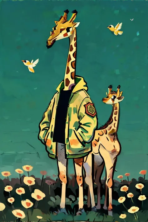 <lora:childillustration:0.8>, illustration of Giraffe (animal) wearing Field Jacket, standing, no humans || masterpiece, perfect quality, sharp focus, shallow depth of field, 8k