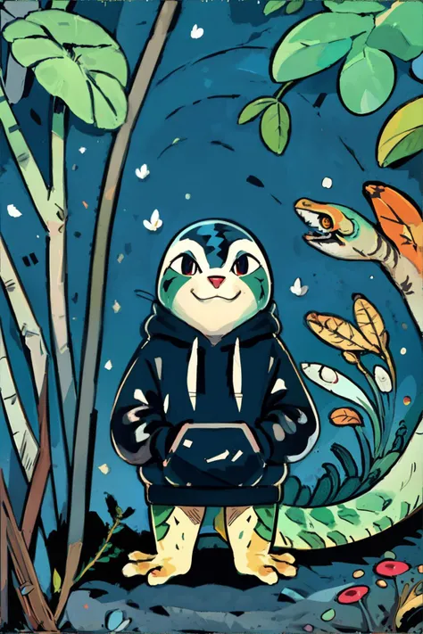 <lora:childillustration:0.8>, illustration of Salamander (animal) wearing Oversized Hoodie, standing, no humans || masterpiece, perfect quality, sharp focus, shallow depth of field, 8k