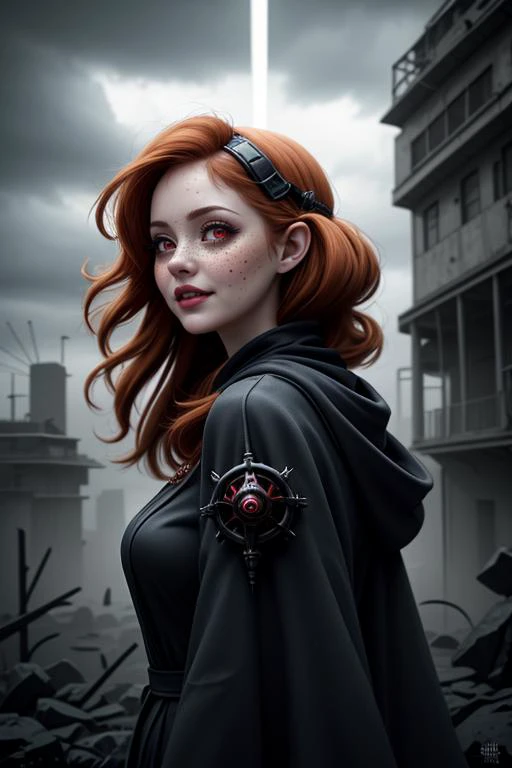best quality,masterpiece,1 girl, adult (elven:0.7) woman, freckles, red eyes, ginger textured hair, Style-GravityMagic, solo, from side, side view, upper body, looking at viewer, detailed background, detailed face, (<lora:ChaosMarineStyleAISD15:0.4>, ChaosMarineStyleAI theme:1.1), smoke-mage, mischievous laughter, wizard robes, techwear, straps, gloves, (gasmask:0.8), goggles, grunge, (obscured by clouds of thick vapour:1.1), luminescent magical smoke, casting spell, channeling smoke, smoke illusion, floating particles, desolate wasteland in background, storm, cinematic atmosphere, ,