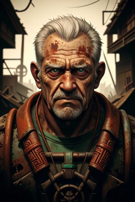 best quality,masterpiece,(1man, wrinkled face, old czech male:1.2),   jade eyes, white hair, pompadour,   portrait, solo, from front, front view, upper body, looking at viewer, detailed background, detailed face, (<lora:CulturePunkBundle-000007:0.6>, tikiai, tiki theme:1.1), rust-champion, rusty armor,  rusted metal, (rusty:1.05), red rust, weathered,  grungy,   dirt,    left to rust,    ruins in background, low light, shadows,  cinematic atmosphere,,