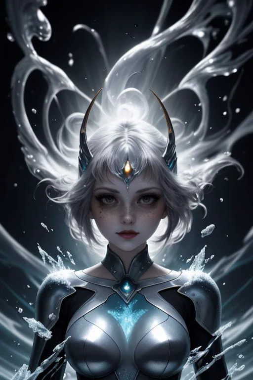 best quality,masterpiece,1 girl, adult woman, freckles, black eyes, chestnut fringe hair, ombre, (style-swirlmagic:0.8), portrait, solo, from front, front view, half shot, looking at viewer, detailed background, detailed face, (1920s art deco theme:1.1), mercury-wizard, focused, surrounded by sprays of flowing silver, mercury (armor:0.8), mercury patterns, melding mercury , fluid mercury, silver-colored fluid, metallic sheen, shiny, dynamic pose, fluid movement, flowing metal, silver colour scheme, mercurial haze, reflecting lights in background, frozen mercury formations, cinematic lighting, cinematic atmosphere,,