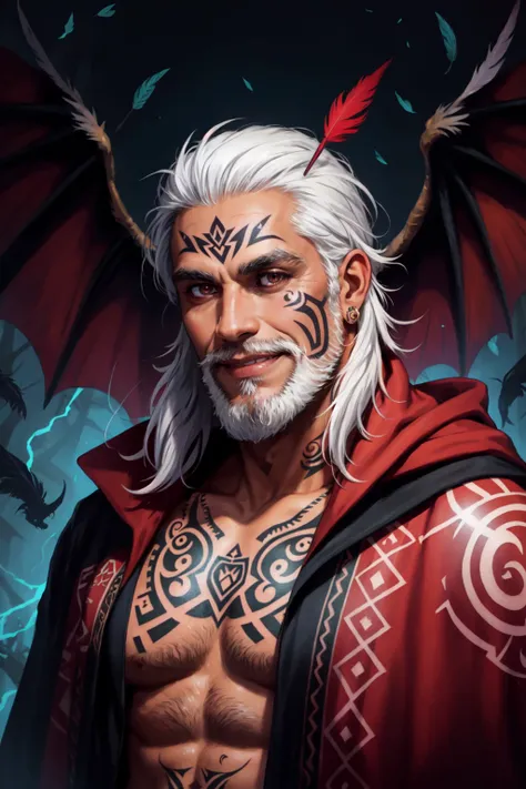 maori, polynesian, pasifika, 1boy, solo, male focus, upper body, white hair, facial hair, beard, facial tattoo, old, old man, demon wings, tan skin, dark skinned male, hair feather, glowing, magic, evil grin moko, chin tattoo, tattoo, cloak, realistic,