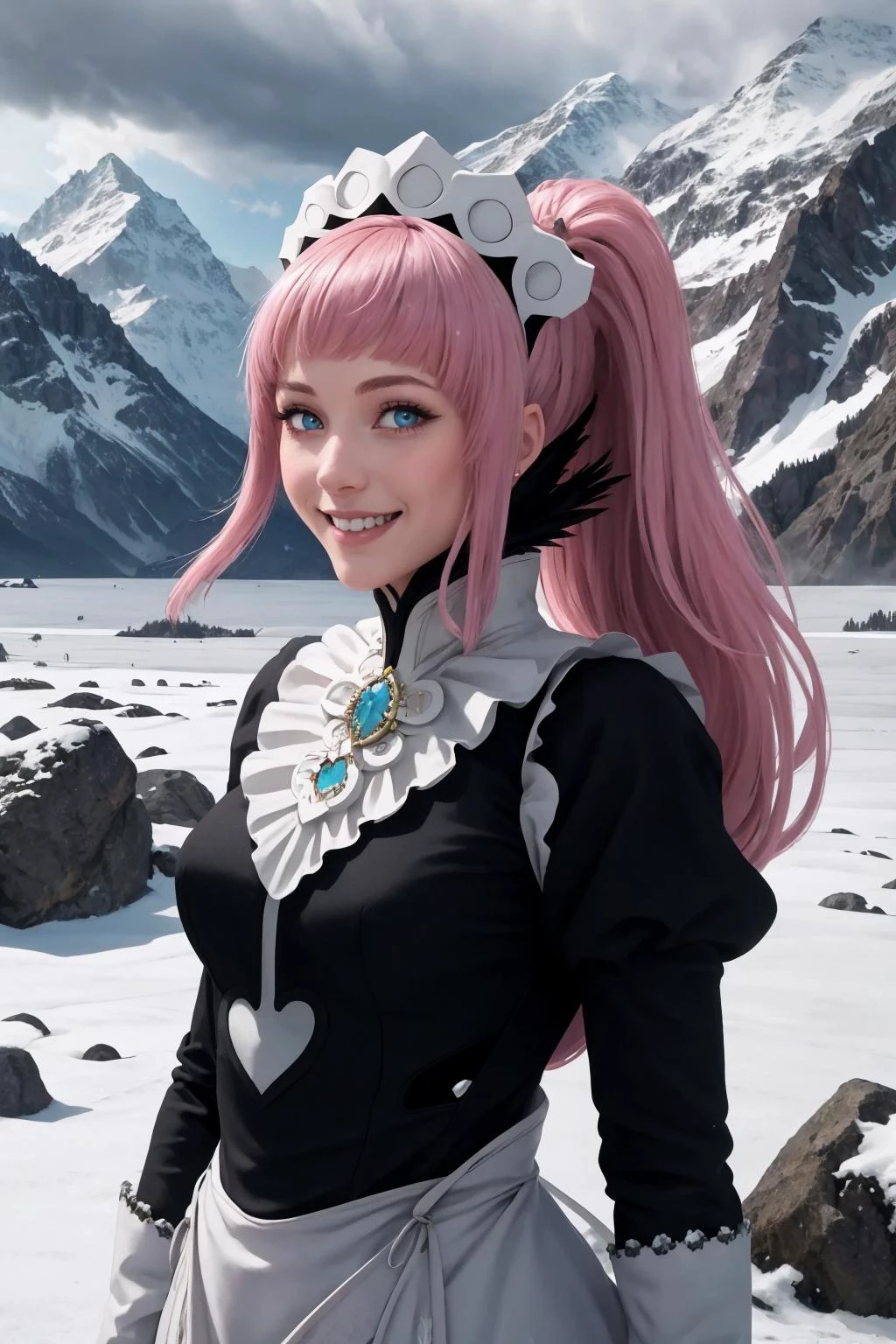 masterpiece, best quality, 1girl, solo, <lora:felicia-fe-richy-v1:1> feliciadef, smile, looking at viewer, upper body, maid, maid headdress, fantasy, winter, snow, ice, mountainous horizon, grey sky, pink hair