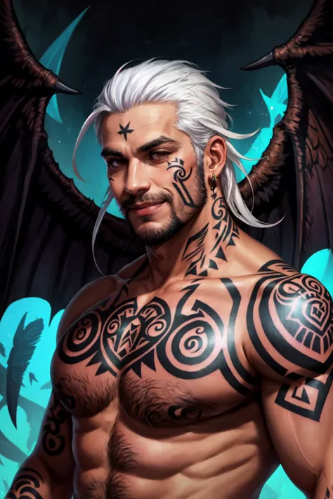 solo, 1boy, holding, upper body, weapon, white hair, male focus, tan skin, dark skinned male, facial hair, beard, facial tattoo, hair feather, moko, maori, polynesian, pasifika, chin tattoo, tattoo, realistic, old, old man, demon wings, glowing, magic, evil grin,