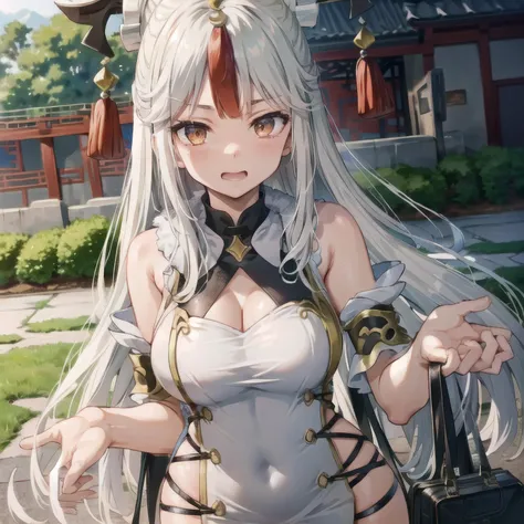 extremely detailed CG, high resolution, best quality, masterpiece, (bishoujo:1.3), (game cg), oekakizuki china dress, ningguangrnd, mountainous horizon, temple, <lora:ningguangGenshinImpact_v10:0.8> <lora:OekakizukiChinaDressV2:0.8>