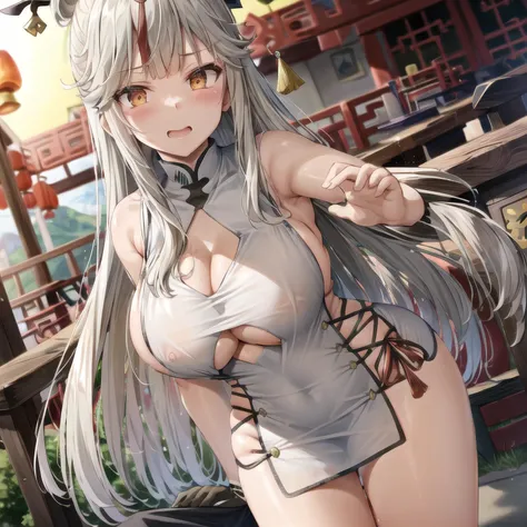 extremely detailed CG, high resolution, best quality, masterpiece, (bishoujo:1.3), (game cg), oekakizuki china dress, ningguangdef, breasts out, mountainous horizon, temple, <lora:ningguangGenshinImpact_v10:0.8> <lora:OekakizukiChinaDressV2:0.8>