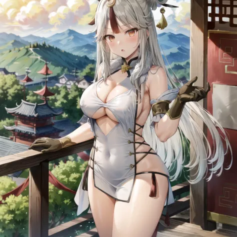 extremely detailed CG, high resolution, best quality, masterpiece, (bishoujo:1.3), (game cg), oekakizuki china dress, ningguangdef, mountainous horizon, temple, <lora:ningguangGenshinImpact_v10:0.8> <lora:OekakizukiChinaDressV2:0.8>