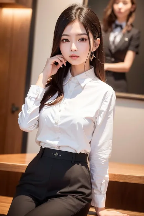 ,meizi,
(8k, best quality, masterpiece:1.2),  detailed cafe,(night:1.4),sitting,dating,(nose blush), (closed mouth) ,beautiful detailed eyes,(white,collared shirt:1.1),    (business attire:1.1),(black trousers:1.1), cafe,book,
