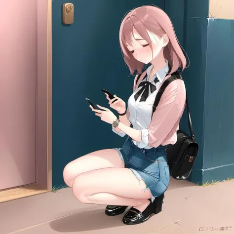 ((Highest quality, masterpiece, freak, Super Resolution)), 1 Girl,Sit on a chair、 Spread your legs、blush、from the front、Denim tight mini skirt、Pink lace panties、 Masturbation