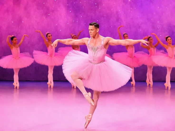 (John Cena:1.2) in pink ballerina dress, feet together, nutcracker ballet stage and dancers in background, 8k, hd, masterpiece, <lora:d\EnvyActionShotXL01:0.85>