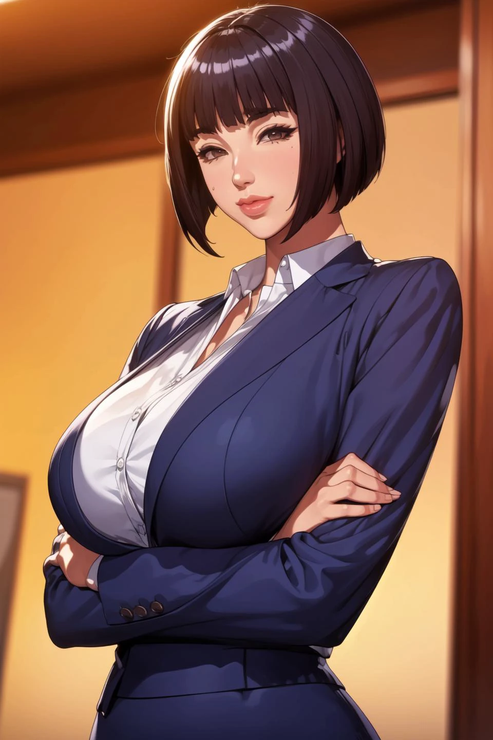 (masterpiece, best quality, unity 8k wallpaper, highres, absurdres, background), depth of field, perfect lighting, cinematic shadows, BREAK
(super_perfect_good anatomy head face fingers arms hands, slender:1.3, constricted waist:1.3), solo, BREAK
(super_beautiful_detailed 1mature_female saggy_very_long_breasts black_short_hair blunt_bangs kind_eyes face nose mouth skin:1.2), fw.shima, <lora:Shima ItsukiV3:1>, BREAK
(super_beautiful_detailed blue_business_suit blue_pencil_skirt business_shirt decoration:1.2), BREAK
(posture scenery background super_amazing_match:1.2), undressing, cool, Indoor, POV, from below, upper body, looking at viewer