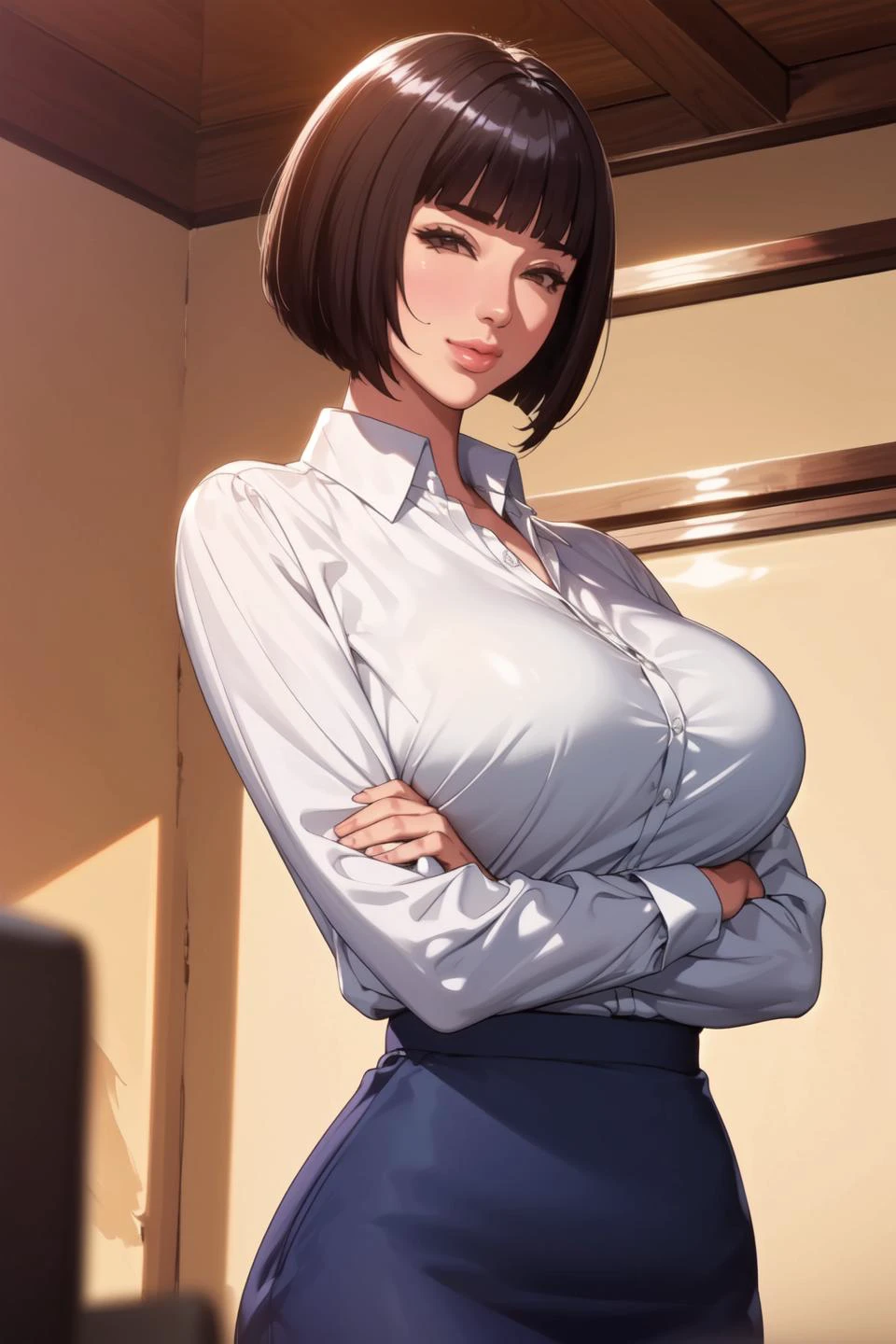 (masterpiece, best quality, unity 8k wallpaper, highres, absurdres, background), depth of field, perfect lighting, cinematic shadows, BREAK
(super_perfect_good anatomy head face fingers arms hands, slender:1.3, constricted waist:1.3), solo, BREAK
(super_beautiful_detailed 1mature_female saggy_very_long_breasts black_short_hair blunt_bangs kind_eyes face nose mouth skin:1.2), fw.shima, <lora:Shima ItsukiV3:1>, BREAK
(super_beautiful_detailed blue_pencil_skirt business_shirt decoration:1.2), BREAK
(posture scenery background super_amazing_match:1.2), undressing, cool, Indoor, POV, from below, upper body, looking at viewer