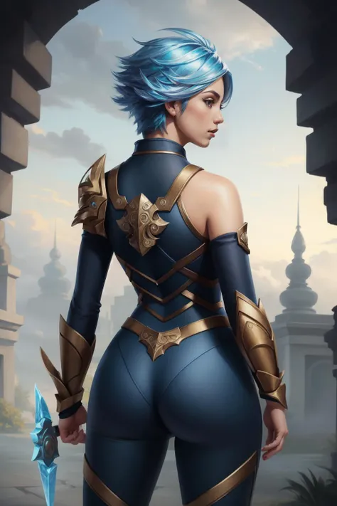 (masterpiece, best quality), intricate details, (fractal art:1.2), 
(1girl),   
 <lora:Frostblade_Irelia:0.8> frostblade irelia, 1girl, short hair, blue hair, bodysuit, detached sleeves,  
from behind, ass focus,