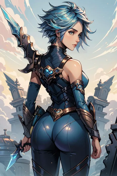 (masterpiece, best quality), intricate details, (fractal art:1.2),
(1girl),
<lora:Frostblade_Irelia:0.8> frostblade irelia, 1girl, short hair, blue hair, bodysuit, detached sleeves,
from behind, ass focus,