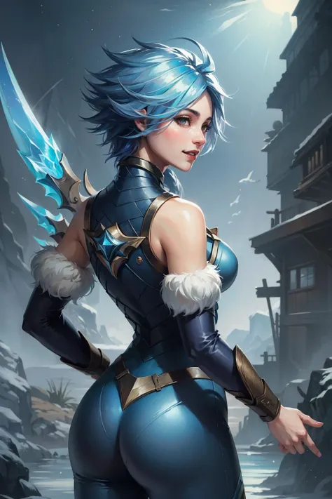 (Masterpiece:1.4), (best quality:1.2), <lora:Frostblade_Irelia-000020:0.8>, frostblade irelia, 1girl, short hair, blue hair, bodysuit, detached sleeves, smile, ass, upper body, cowboy shot,