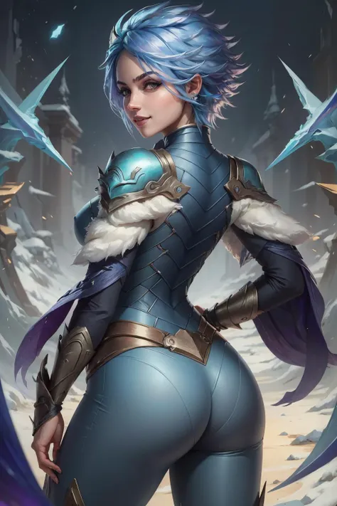 (Masterpiece:1.4), (best quality:1.2), <lora:Frostblade_Irelia-000020:0.8>, frostblade irelia, 1girl, short hair, blue hair, bodysuit, detached sleeves, smile, from behind, ass, looking at viewer, upper body, cowboy shot,