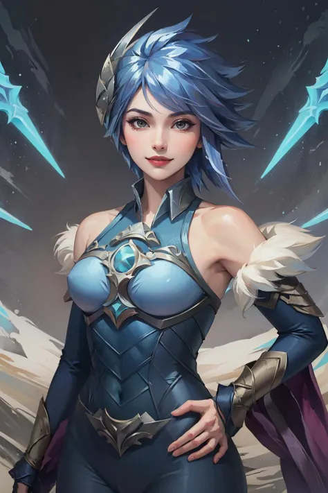 (Masterpiece:1.4), (best quality:1.2), <lora:Frostblade_Irelia-000020:1>, frostblade irelia, 1girl, short hair, blue hair, bodysuit, detached sleeves, smile, upper body, cowboy shot,