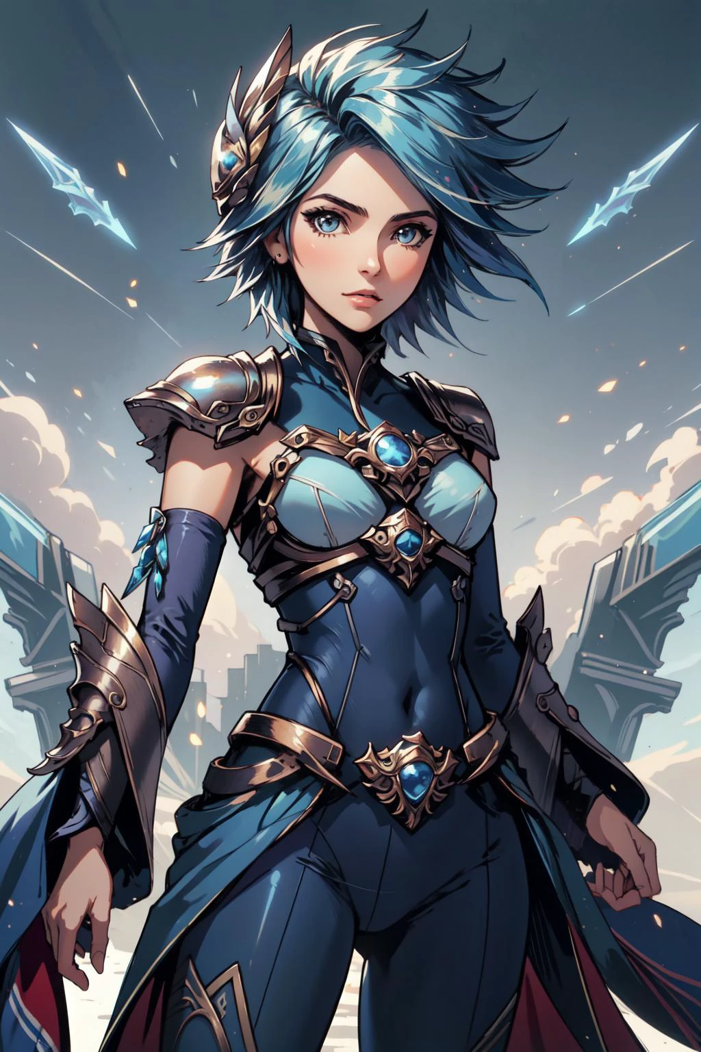 (masterpiece, best quality), intricate details, (fractal art:1.2),
<lora:Frostblade_Irelia:0.8> frostblade irelia, 1girl, short hair, blue hair, bodysuit, detached sleeves,