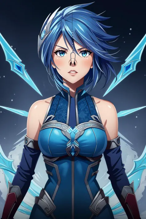 (masterpiece, best quality), intricate details, (fractal art:1.2),
<lora:Frostblade_Irelia:0.8> frostblade irelia, 1girl, short hair, blue hair, bodysuit, detached sleeves,
<lora:NosehookV5:0.8> upper body, face focus,