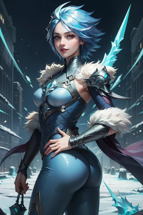 (Masterpiece:1.4), (best quality:1.2), <lora:Frostblade_Irelia-000020:0.8>, frostblade irelia, 1girl, short hair, blue hair, bodysuit, detached sleeves, smile, ass, upper body, cowboy shot,