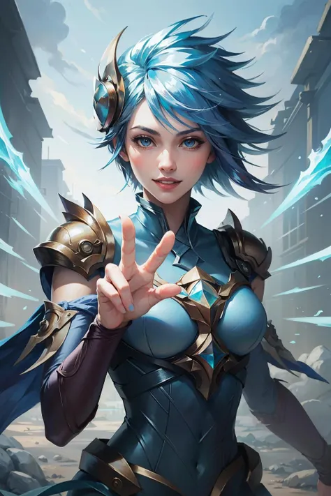 (Masterpiece:1.4), (best quality:1.2), <lora:Frostblade_Irelia-000020:0.8>, frostblade irelia, 1girl, short hair, blue hair, bodysuit, detached sleeves, smile, upper body, cowboy shot,