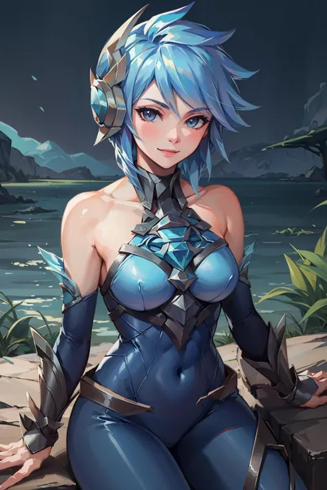 (Masterpiece:1.4), (best quality:1.2), <lora:Frostblade_Irelia-000020:0.8>, frostblade irelia, 1girl, short hair, blue hair, bodysuit, detached sleeves, smile, closed mounth, sitting, looking at viewer, upper body, cowboy shot,