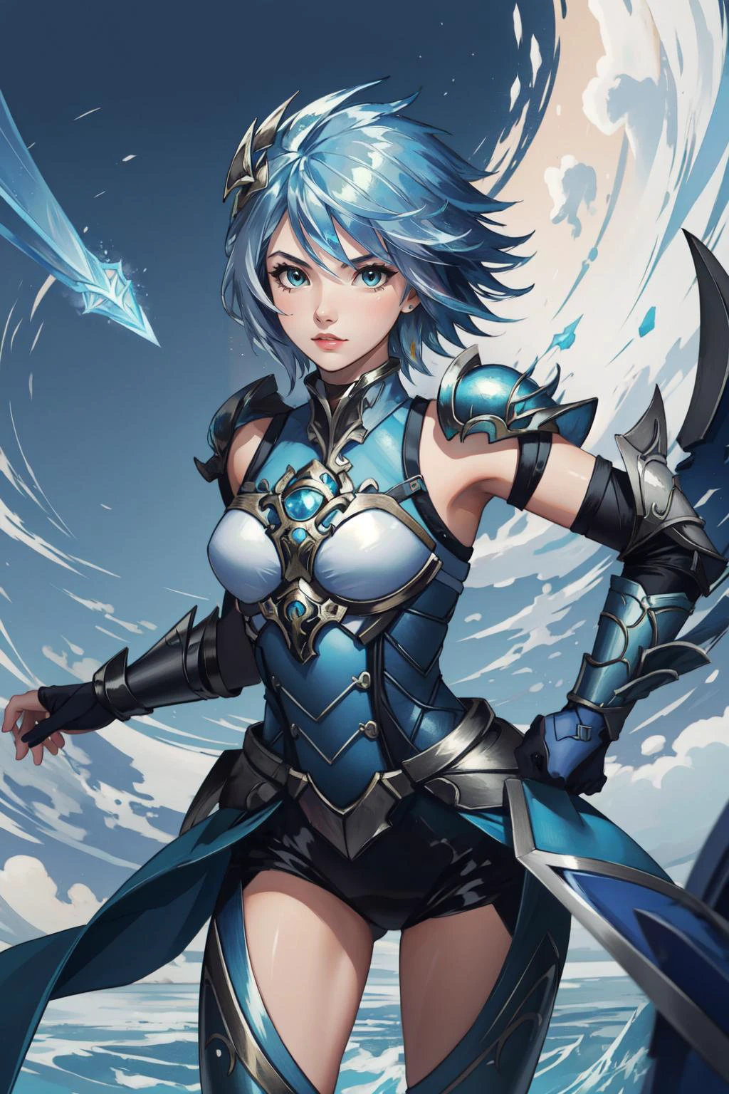 (masterpiece, best quality), intricate details, (fractal art:1.2),
(1girl), <lora:Frostblade_Irelia:0.8> frostblade irelia, 1girl, short hair, blue hair,
<lora:attire_innerthighvents_a:0.8> thigh cutout, clothing cutout,