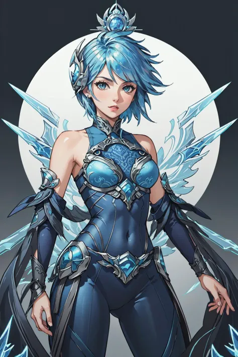 (masterpiece, best quality), intricate details, (fractal art:1.2),
<lora:Frostblade_Irelia:0.8> frostblade irelia, 1girl, short hair, blue hair, bodysuit, detached sleeves,
<lora:EnvyRadioactive-sd15-d:0.8>