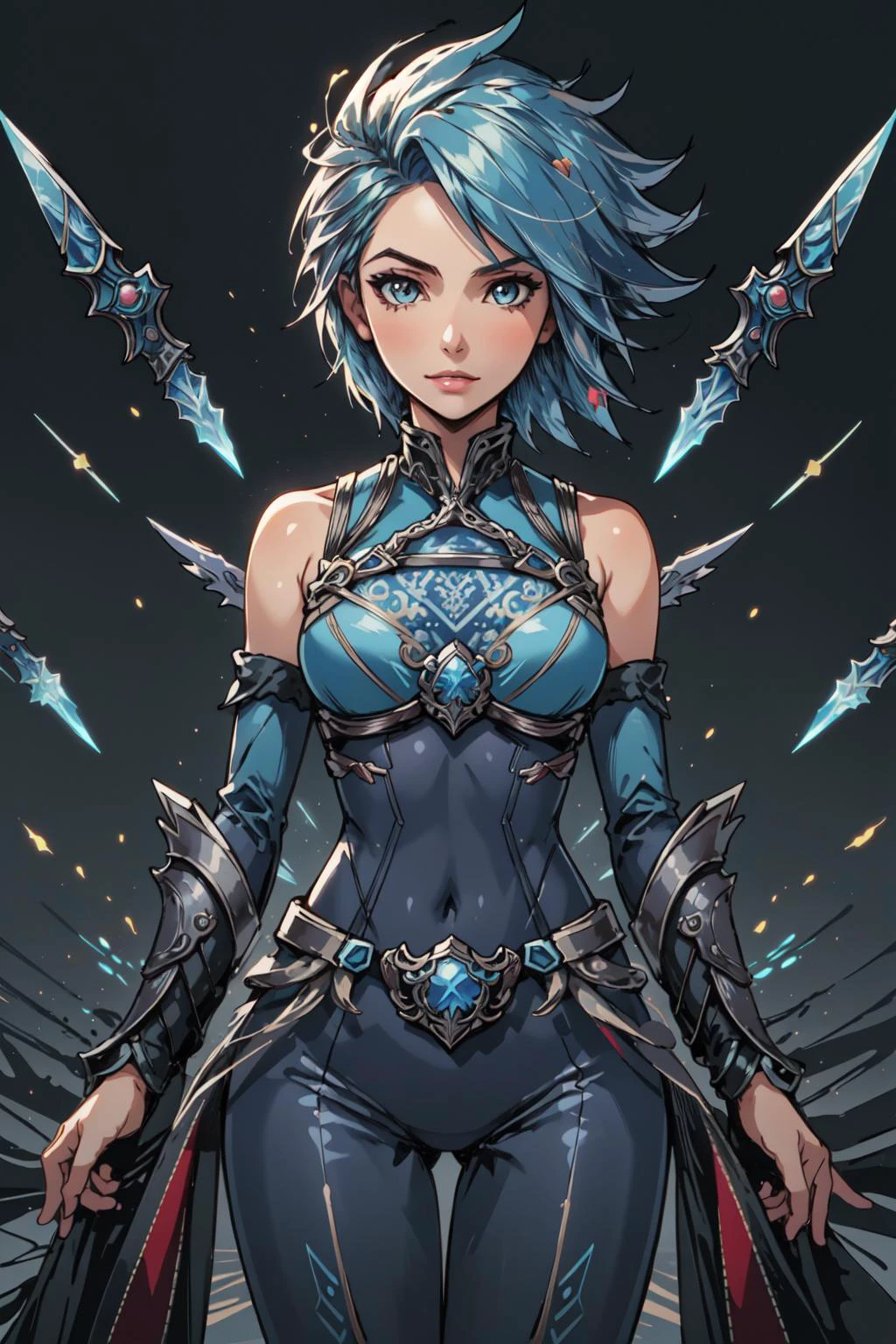 (masterpiece, best quality), intricate details, (fractal art:1.2),
<lora:Frostblade_Irelia:0.8> frostblade irelia, 1girl, short hair, blue hair, bodysuit, detached sleeves,
<lora:EnvyRadioactive-sd15-d:0.8>