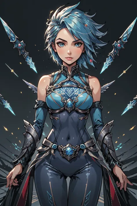 (masterpiece, best quality), intricate details, (fractal art:1.2), 
  <lora:Frostblade_Irelia:0.8> frostblade irelia, 1girl, short hair, blue hair, bodysuit, detached sleeves, 
 <lora:EnvyRadioactive-sd15-d:0.8>