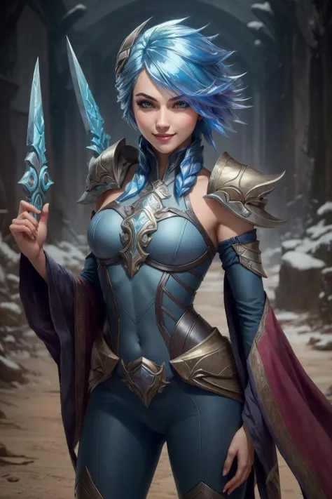 (Masterpiece:1.4), (best quality:1.2), <lora:Frostblade_Irelia-000020:0.8>, frostblade irelia, 1girl, short hair, blue hair, bodysuit, detached sleeves, smile, looking at viewer, upper body, cowboy shot,