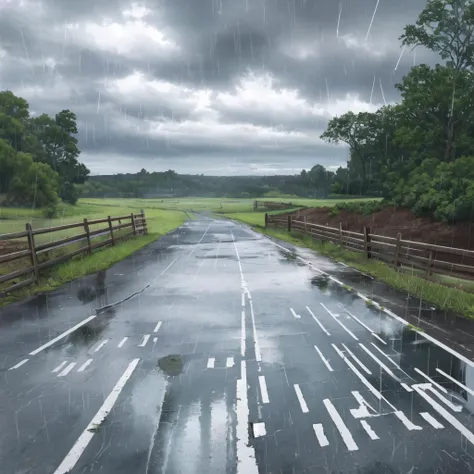 Concept art, no humans, water puddles, country side, road, rain, cloudy,