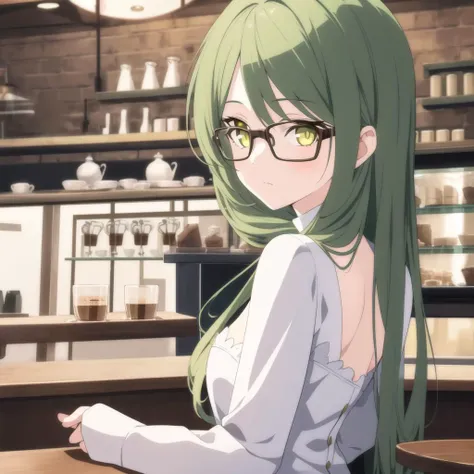 {best quality}, {{masterpiece}}, {highres}, original, {ultra-detailed}, cafe, (delicate),(alternate hairstyle), graceful, cafe, 1girl, mid-age female,mature female,detailed face,detail eyes, detailed hair, graceful, green hair, (dark persona), golden eyes, glasses, long hair, looking back, looking at viewer, clear face, expressionless,