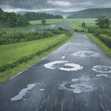 Concept art, no humans, water puddles, country side, road, rain, cloudy,