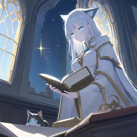 watercolor, cat girl with blue eyes and long silver hair deep in thought, scholar, sorceress studying, moody lighting, tranquil, calm, glow, glowing, mystical, magical, rim lighting, fantasy, sunbeam, soft lighting, sparkle, glittering, indoors, from below, night,