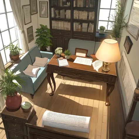 living room, couch, window, curtains, dappled sunlight, potted plant, table, cabinet,bookshelf, paper, desk lamp, typewriter