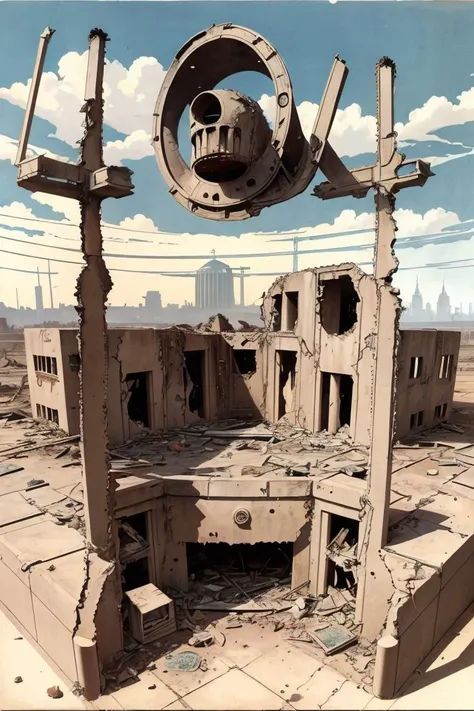 404, post-apocalyptic wasteland, ruined buildings, colorized, illustration by Roy G Krenkel <lora:rgk:1>