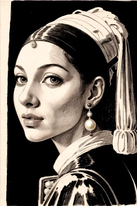 girl with pearl earring, monochrome, illustration by roy krenkel, black ink drawing<lora:rgk:1.0>
