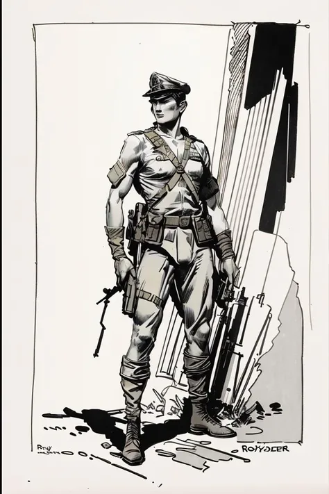 modern soldier, illustration by Roy Krenkel <lora:rgk:1.0>