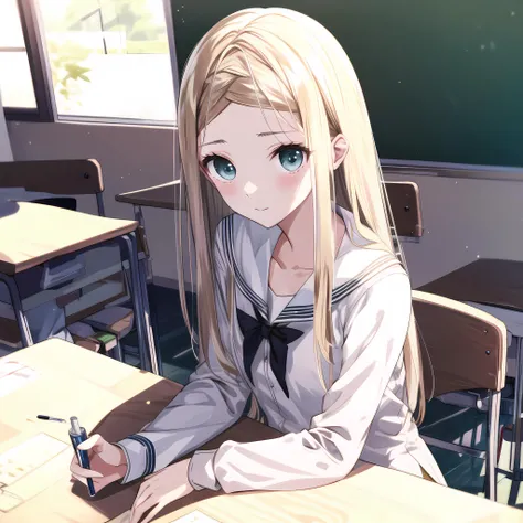 high quality, best quality, masterpiece, absurdres, morisaki alesia yu, 1girl, solo, classroom, sitting, <lora:br:0.75>