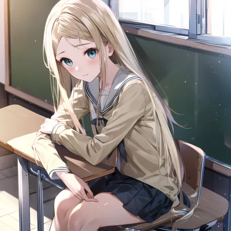 high quality, best quality, masterpiece, absurdres, morisaki alesia yu, 1girl, solo, classroom, sitting, <lora:br:0.75>
